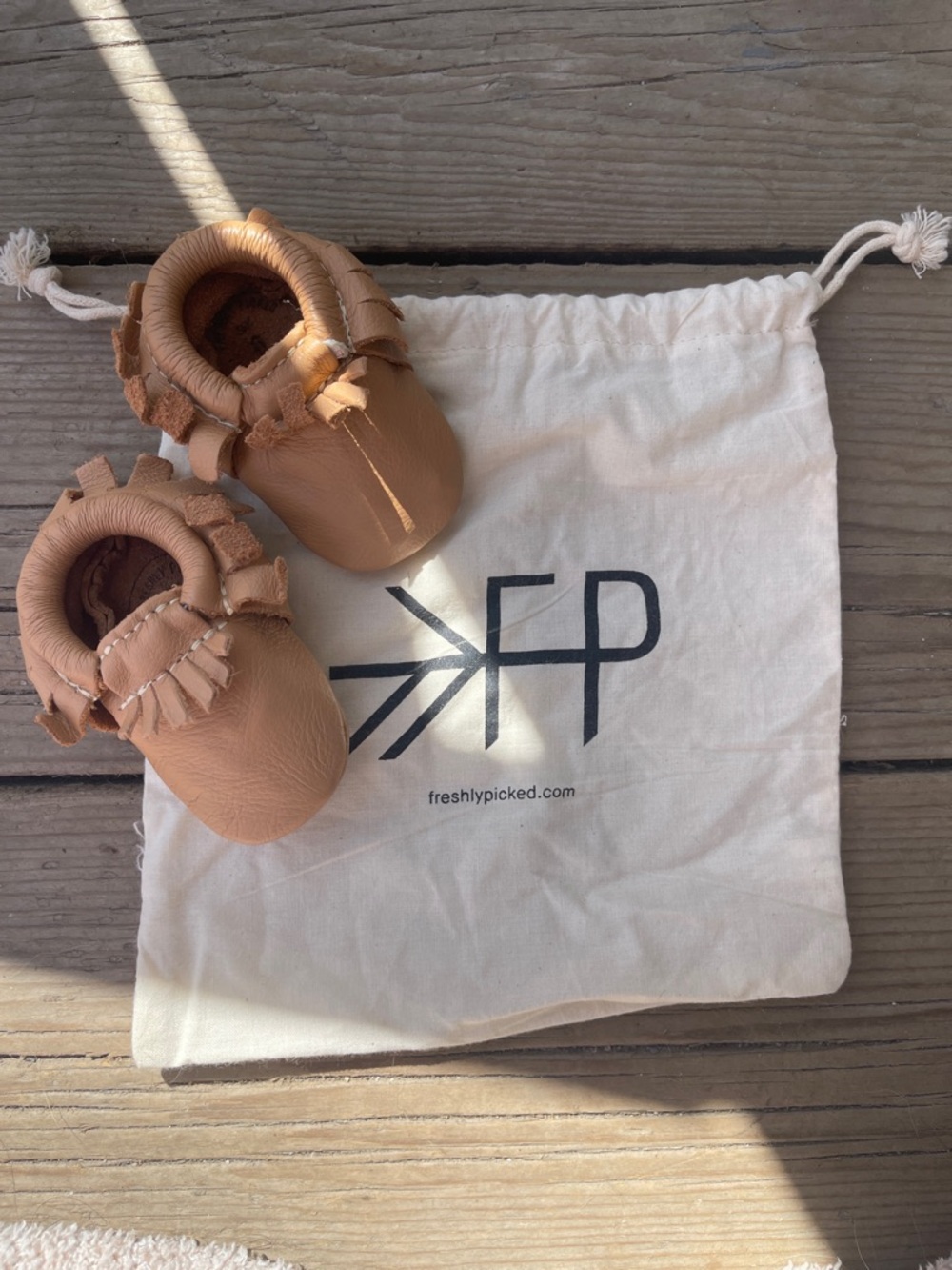 Freshly Picked Tan Leather Moccasin Booties with Fringe Infant